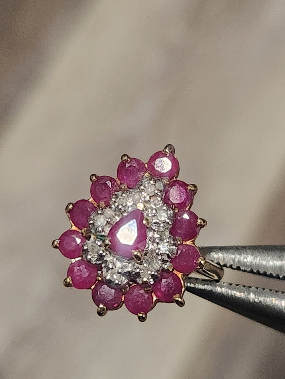 Vintage Ruby Cluster Ring with Diamond Sz 7,  14k Yellow Gold 2.34 Carats